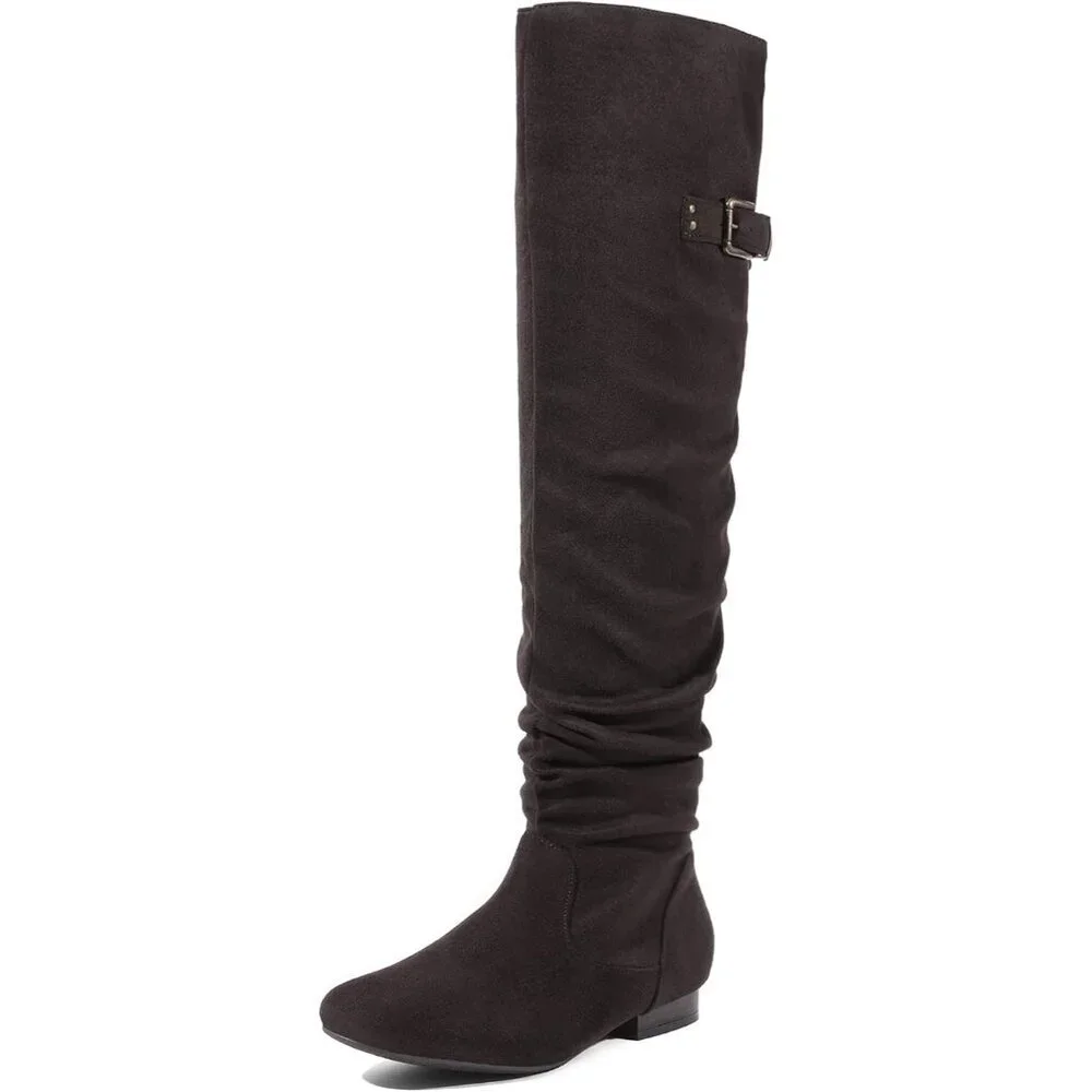 Women's Brown Suede Over The Knee Thigh High Comfortable Low Heel Winter Boots